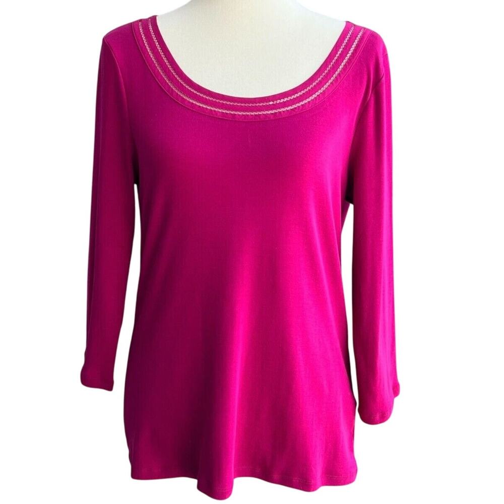 Lauren by RL Fuchsia Pink Contrast Trim Scoop Neck 3/4 Sleeve Top-Size L